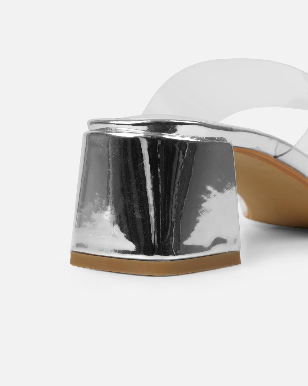 Simmi Silver Clear Low Block Heeled Sandals