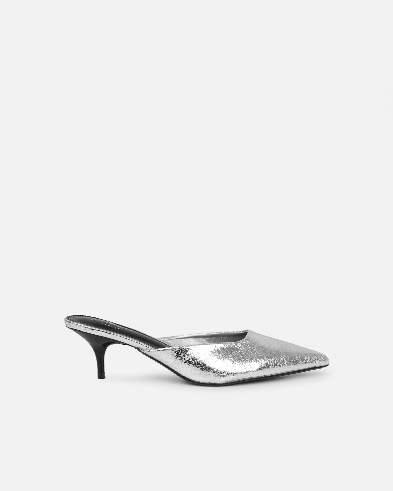 Simmi Silver Cracked Kitten Heeled Mules