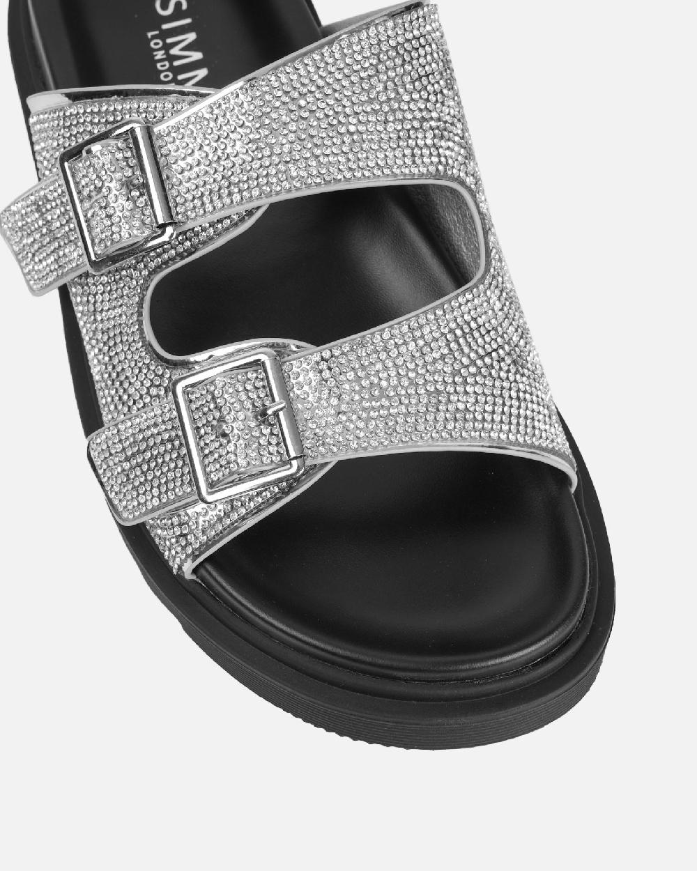 Simmi Silver Diamante Double Strap Slider Sandals