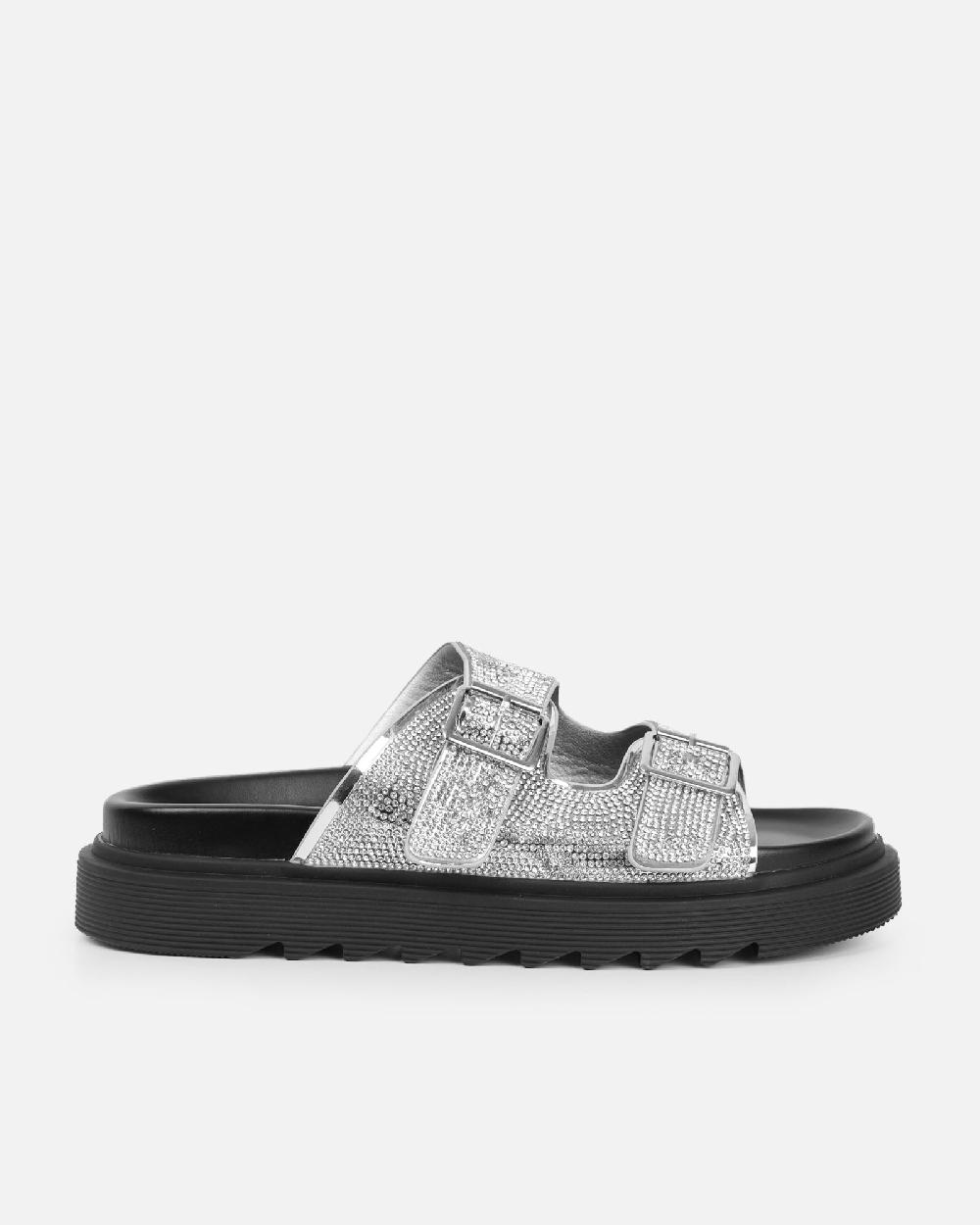 Simmi Silver Diamante Double Strap Slider Sandals