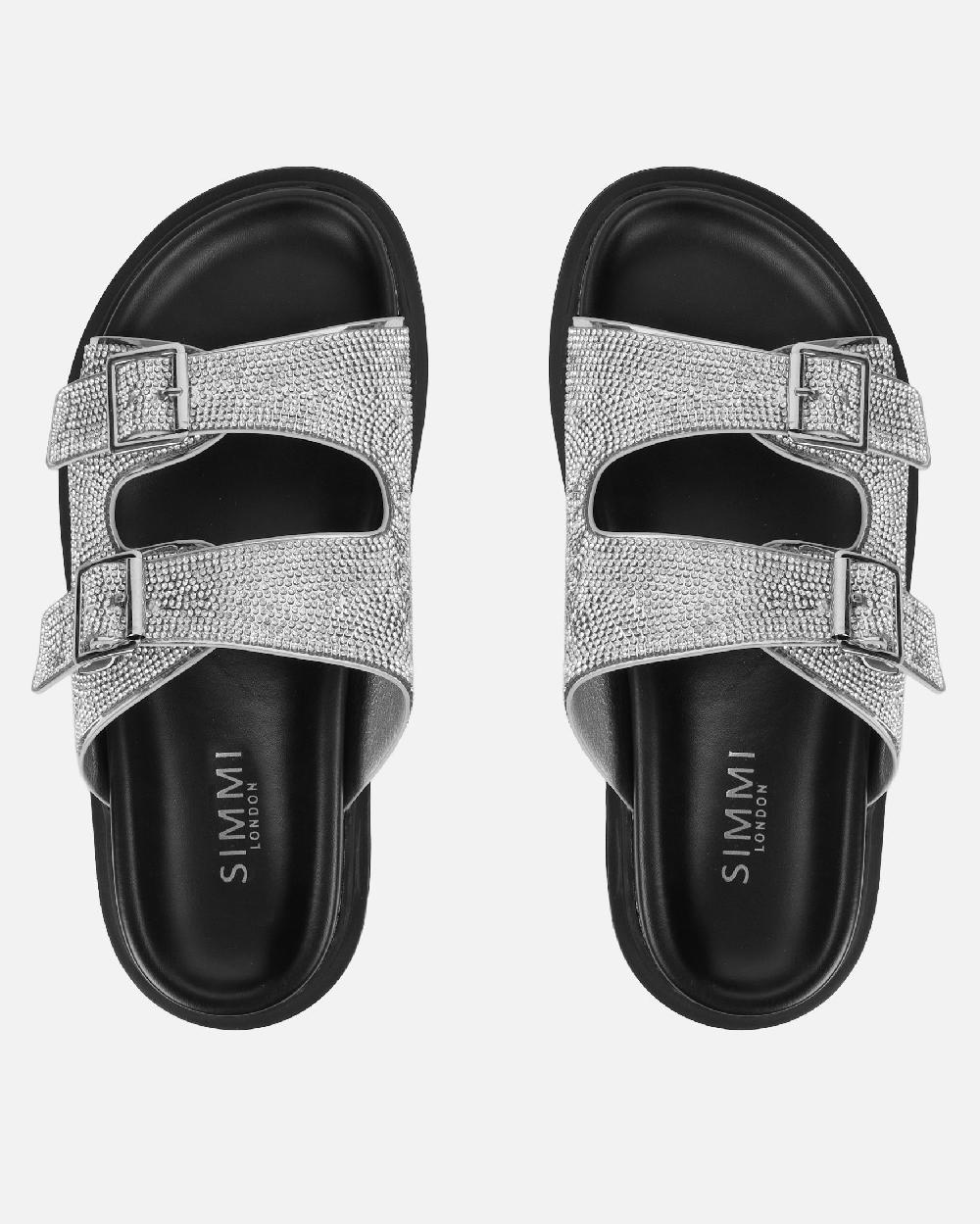 Simmi Silver Diamante Double Strap Slider Sandals