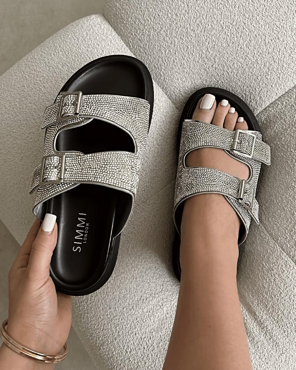 simmi Silver Diamante Double Strap Slider Sandals