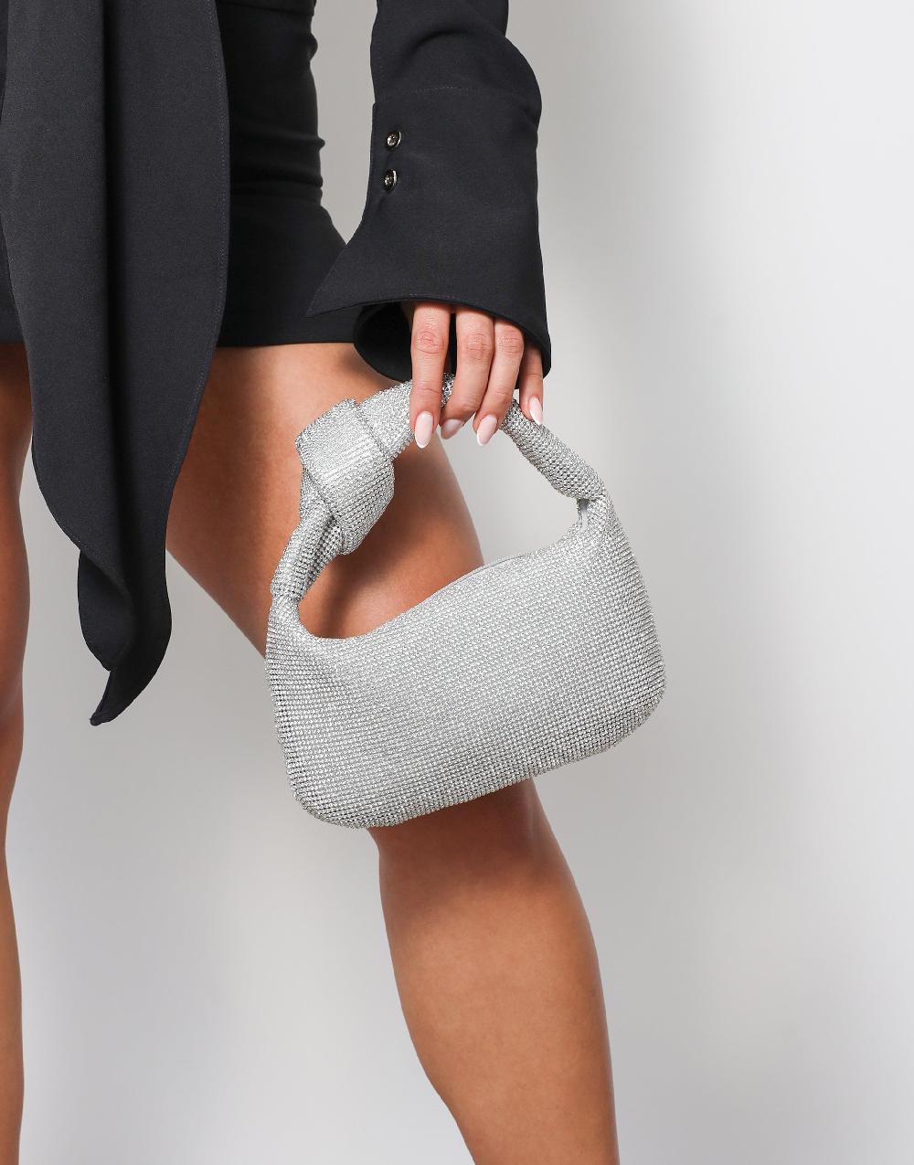 simmi Silver Diamante Knot Detail Handbag