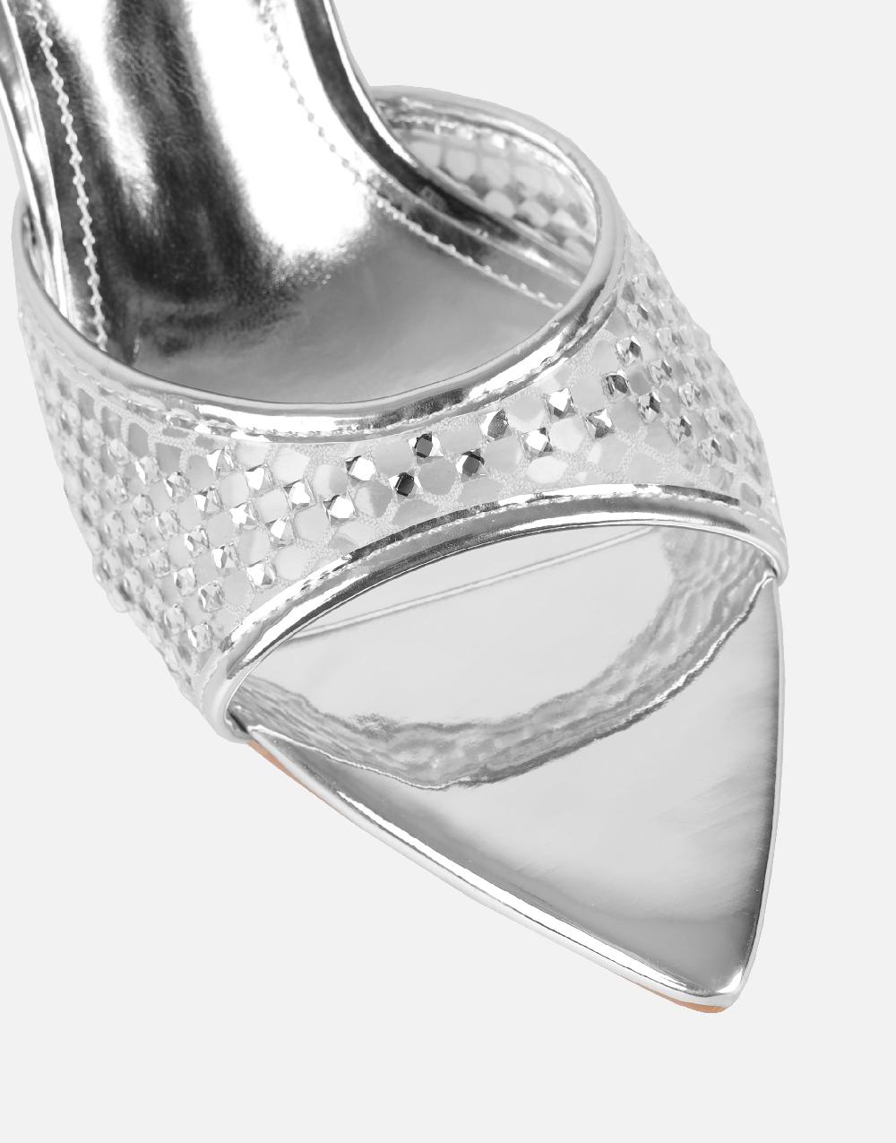 Simmi Silver Diamante Mesh Mules