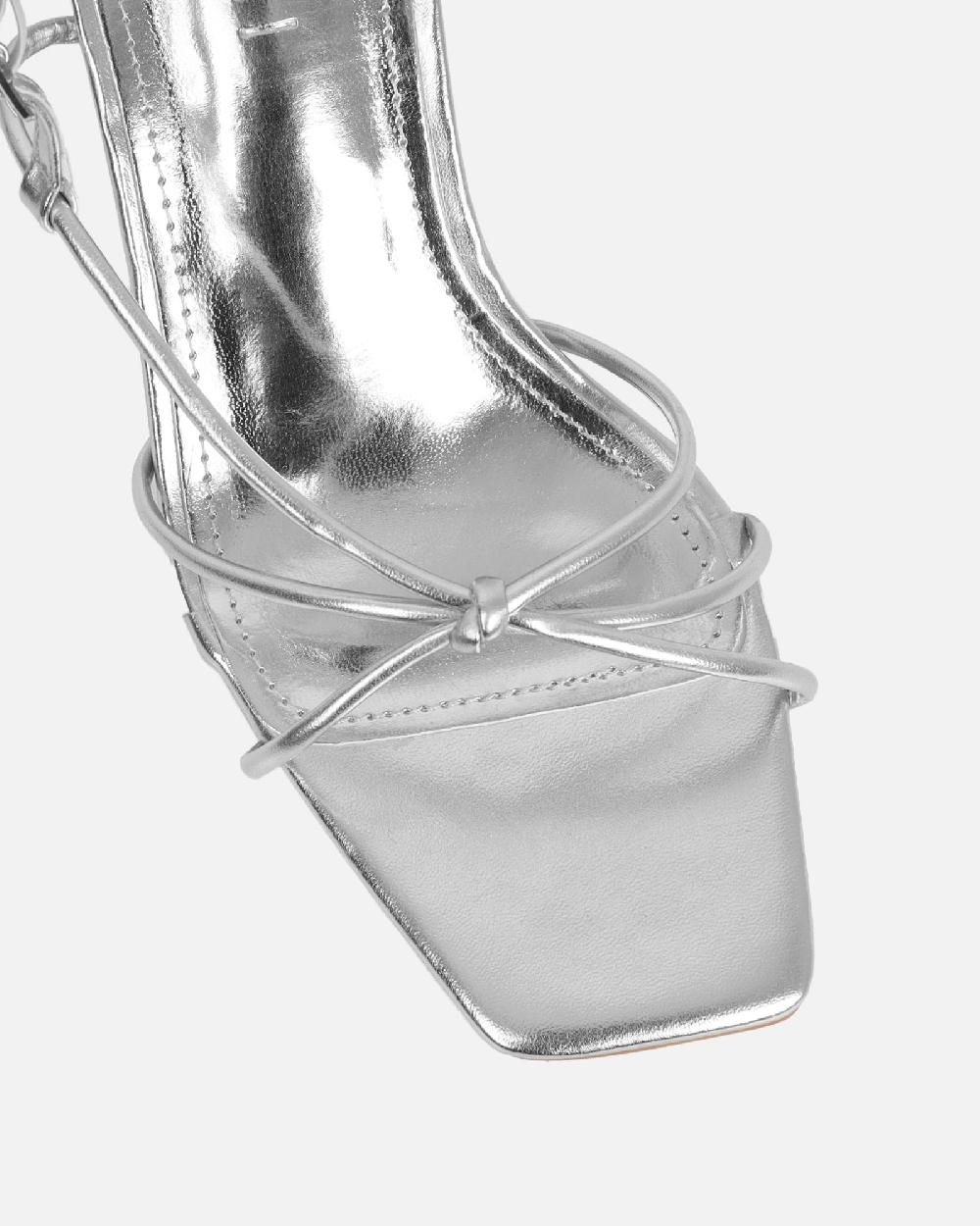 Simmi Silver Metallic Strappy Knot Heeled Sandals
