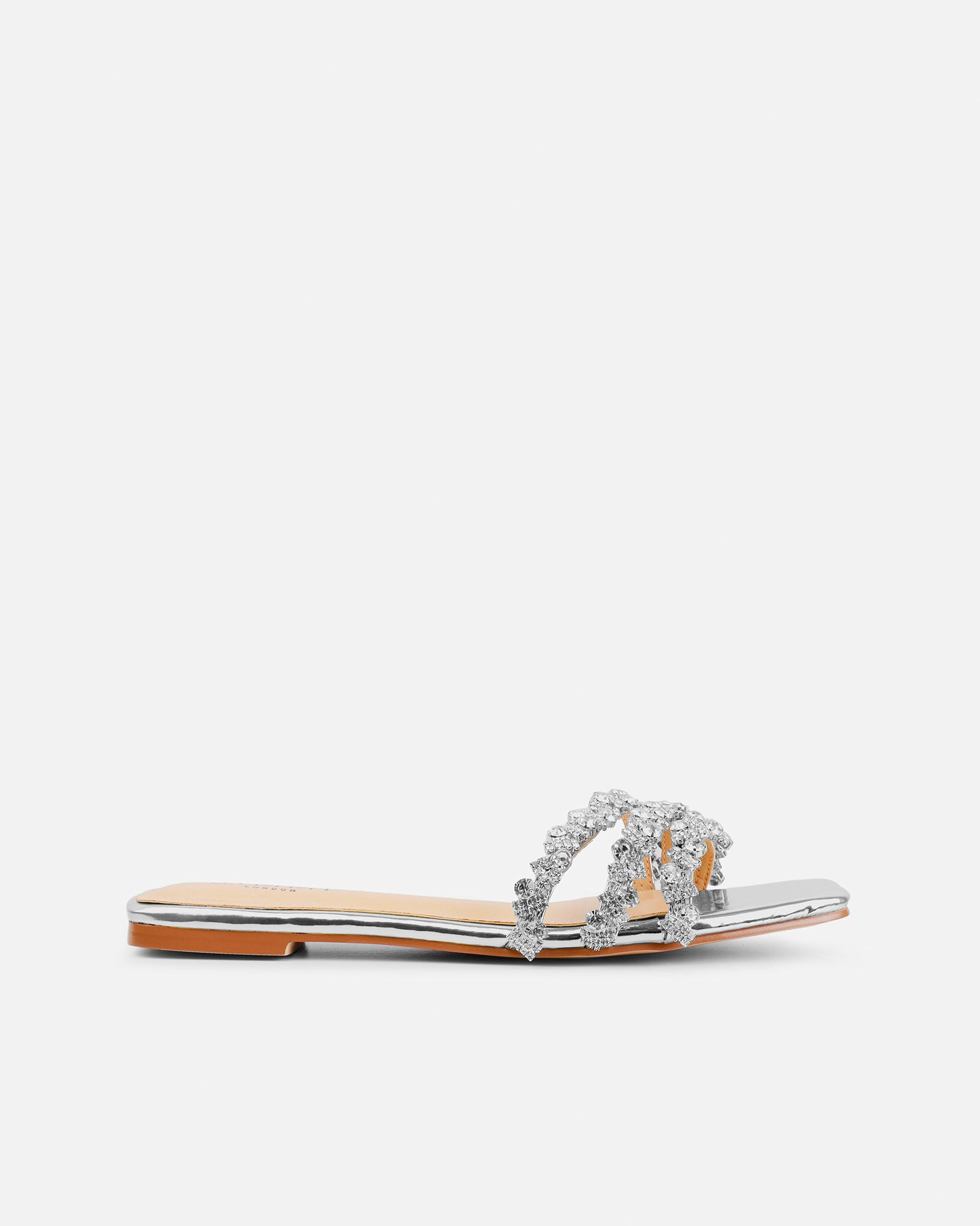 Simmi Silver Mirror Diamante Flat Sandals