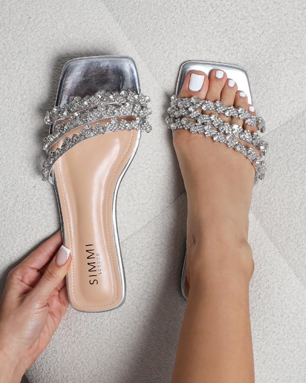 simmi Silver Mirror Diamante Flat Sandals