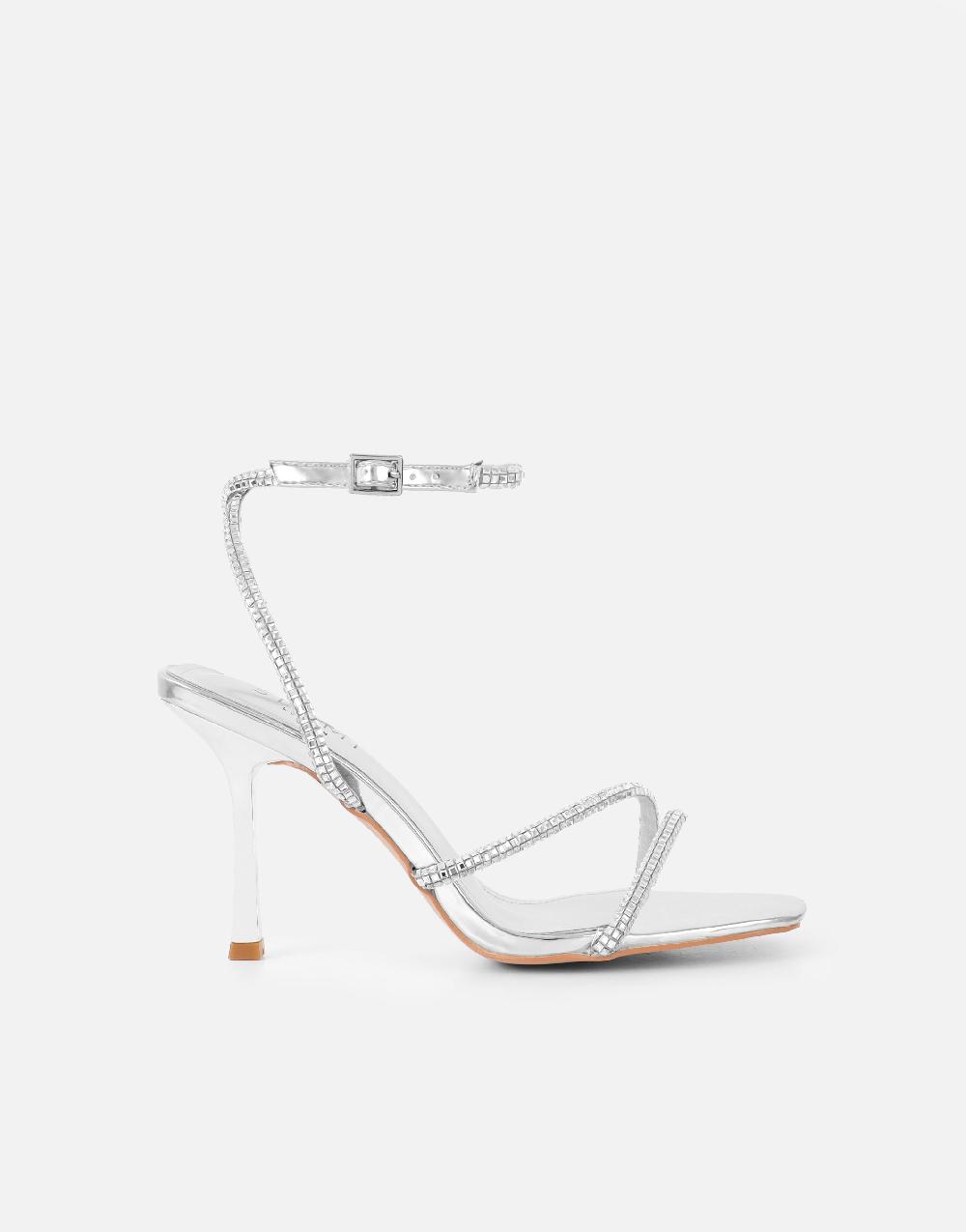 Simmi Silver Mirror Diamante Heeled Sandals