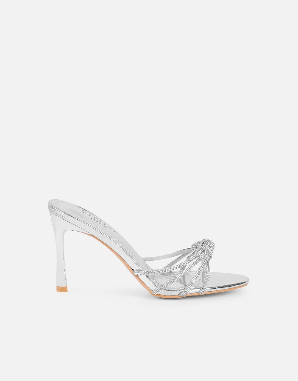 Simmi Silver Mirror Diamante Knot Mules
