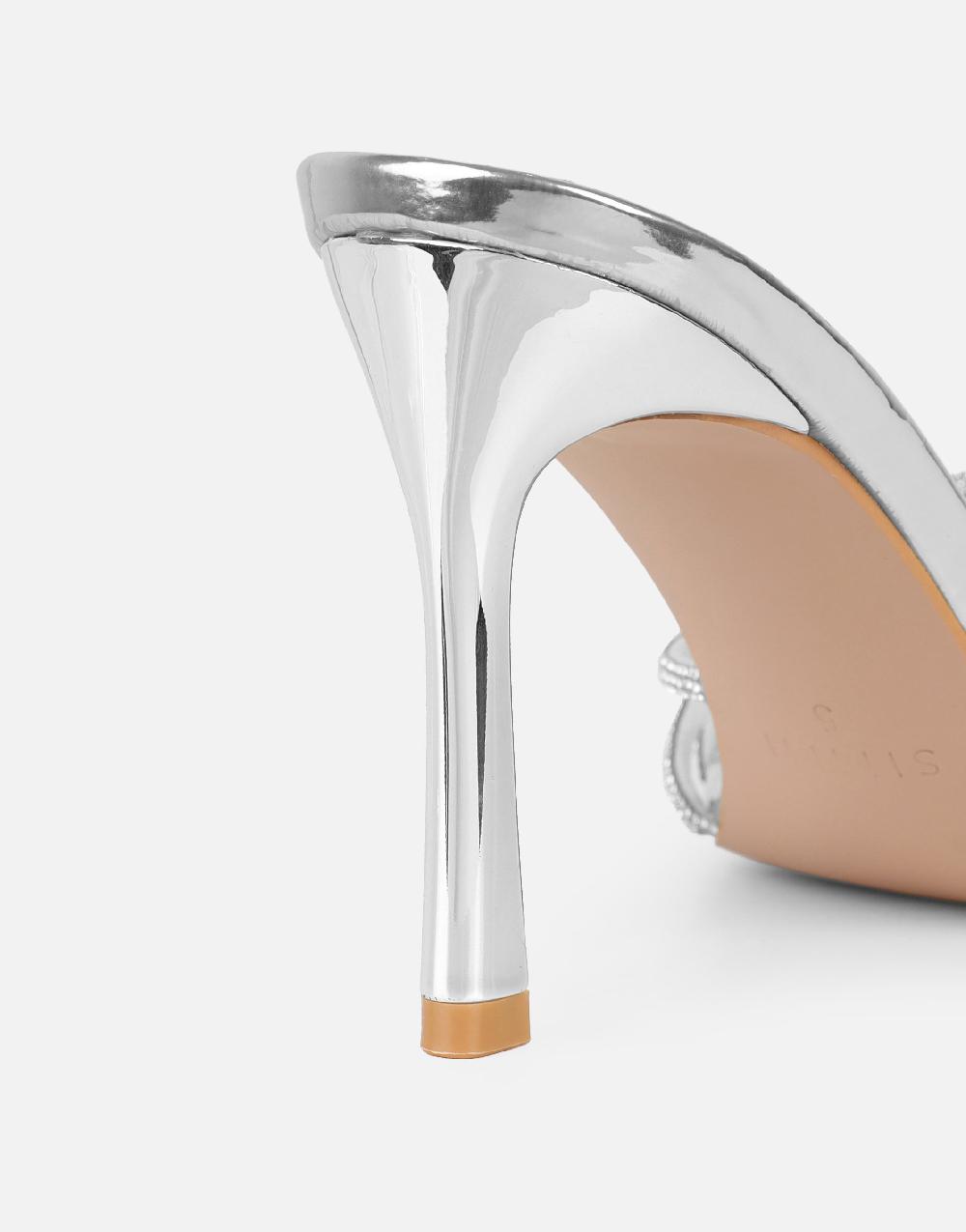 Simmi Silver Mirror Diamante Knot Mules