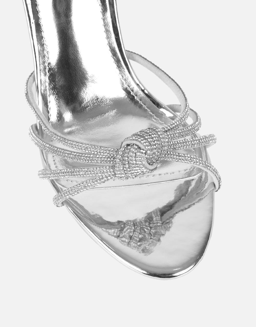 Simmi Silver Mirror Diamante Knot Mules