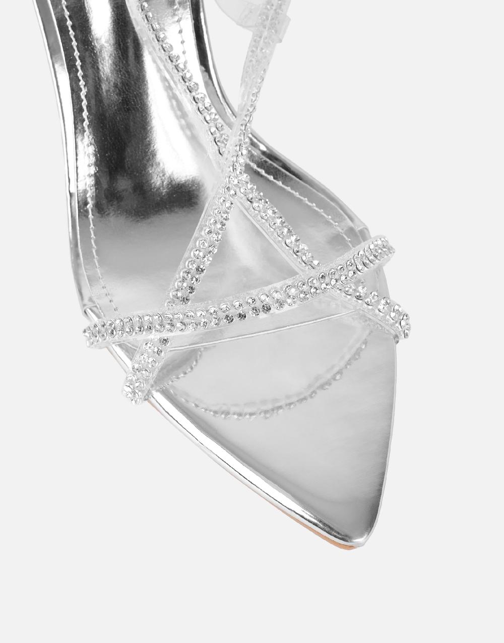 Simmi Silver Mirror Diamante Slingback Heels