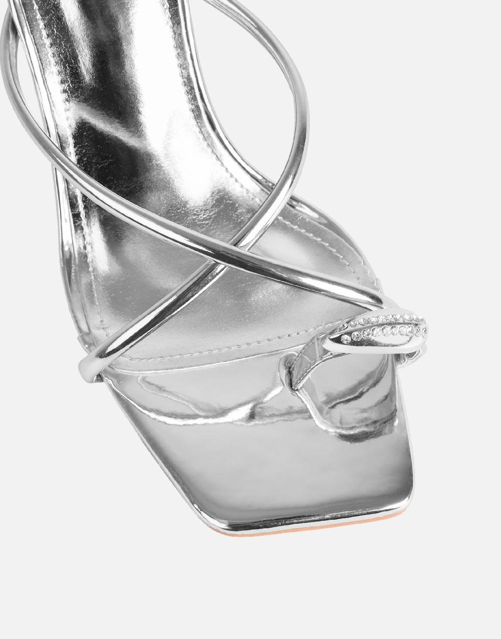 Simmi Silver Mirror Diamante Toe Detail Mules
