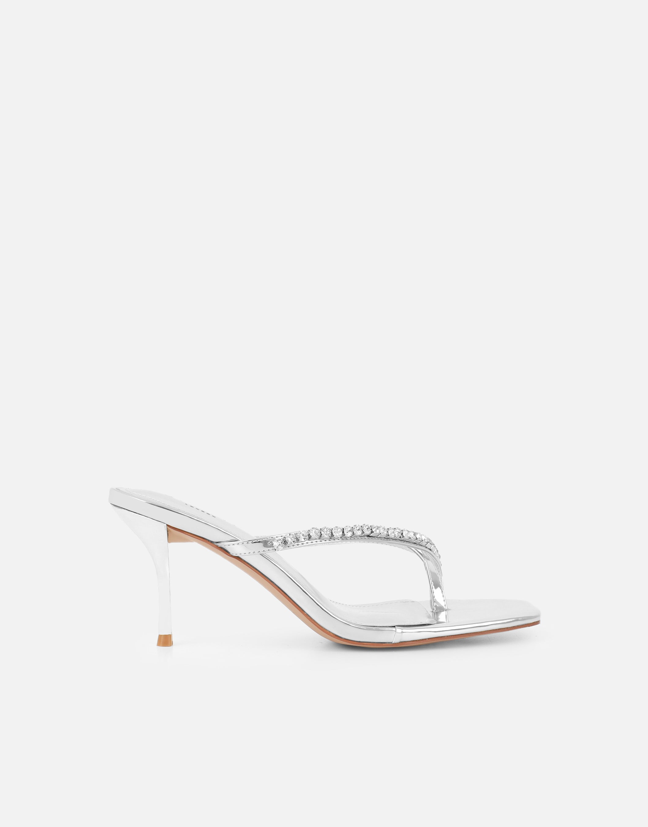 Simmi Silver Mirror Diamante Toe Post Mules