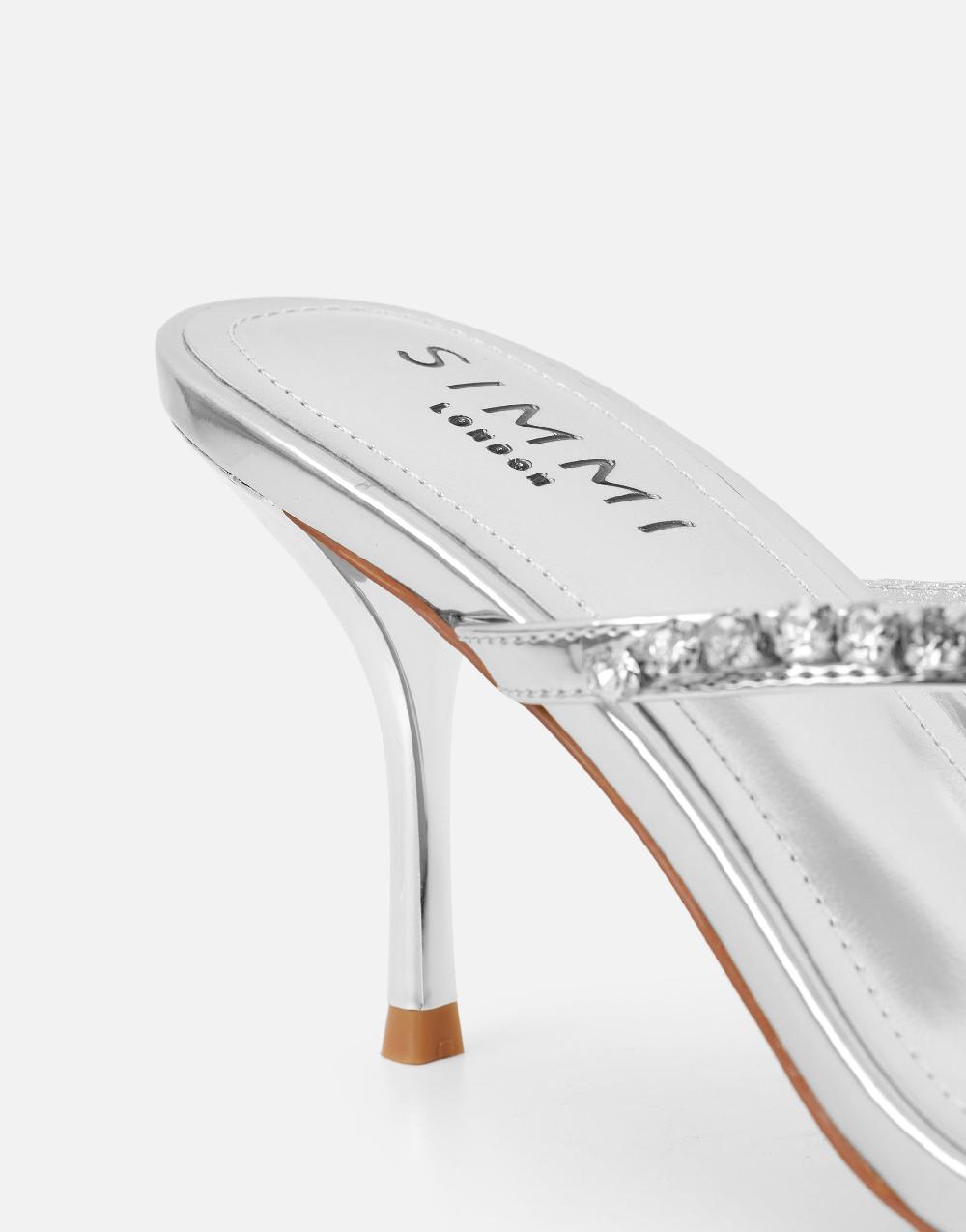 Simmi Silver Mirror Diamante Toe Post Mules