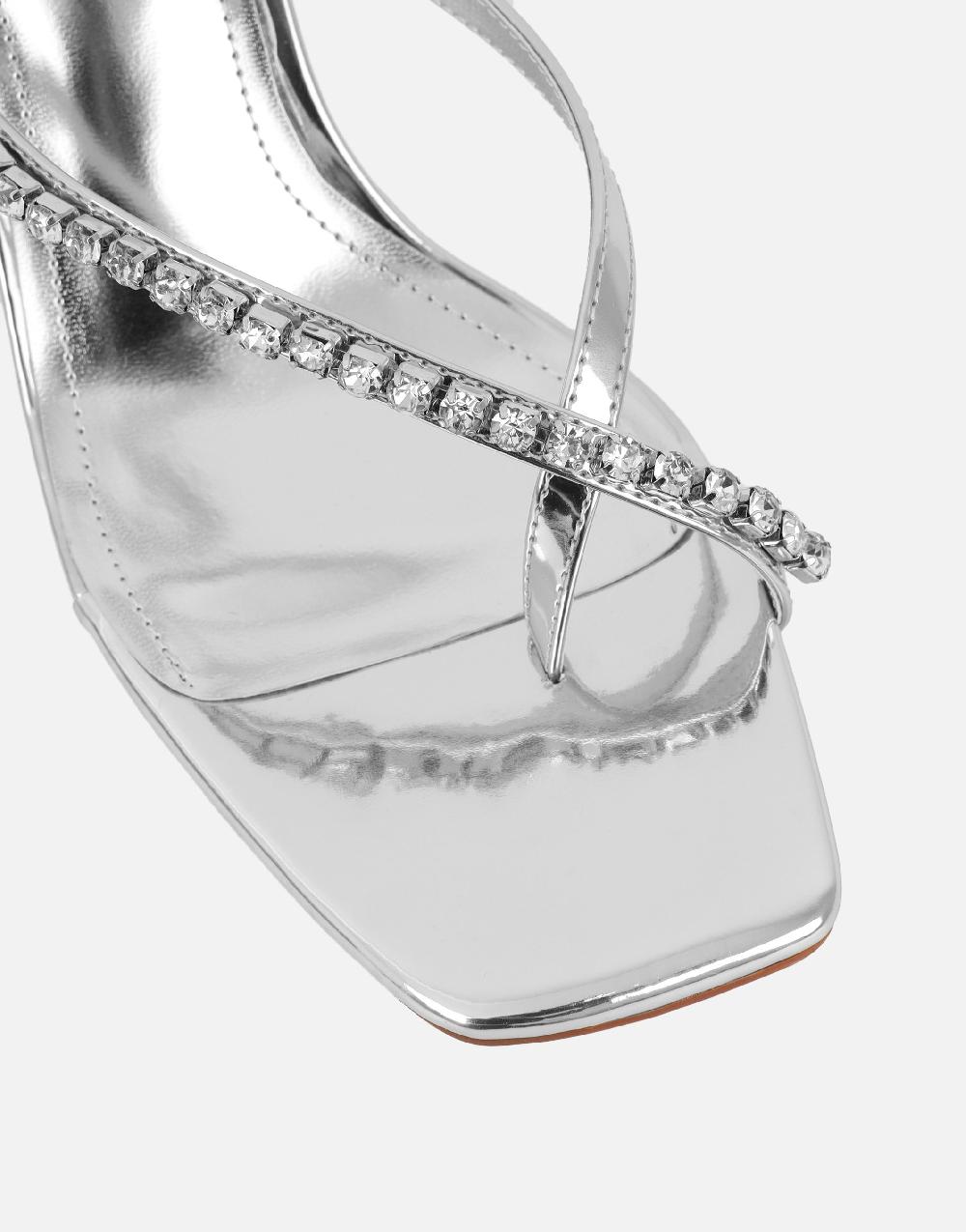 Simmi Silver Mirror Diamante Toe Post Mules