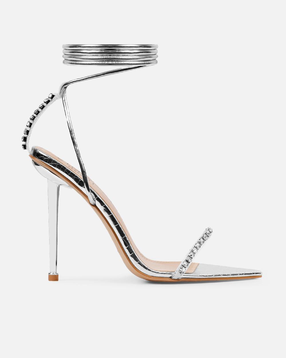 Simmi Silver Mirror Faux Snake Diamante Heels