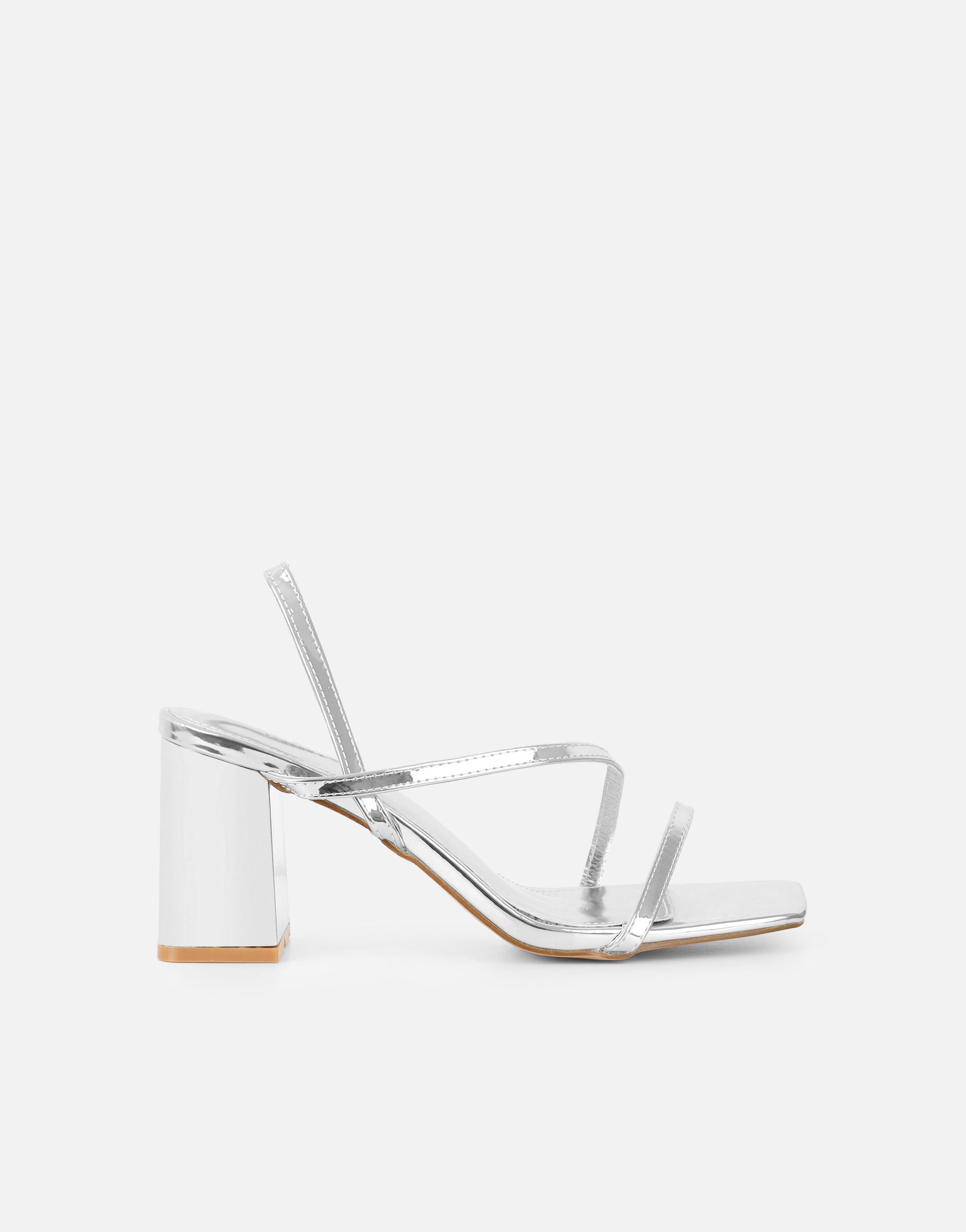 Simmi Silver Mirror Strappy Block Heeled Sandals