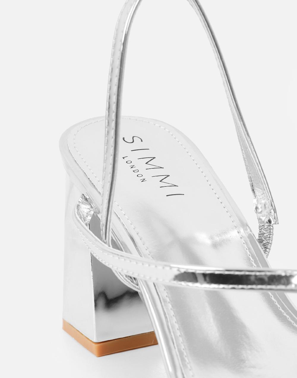 Simmi Silver Mirror Strappy Block Heeled Sandals
