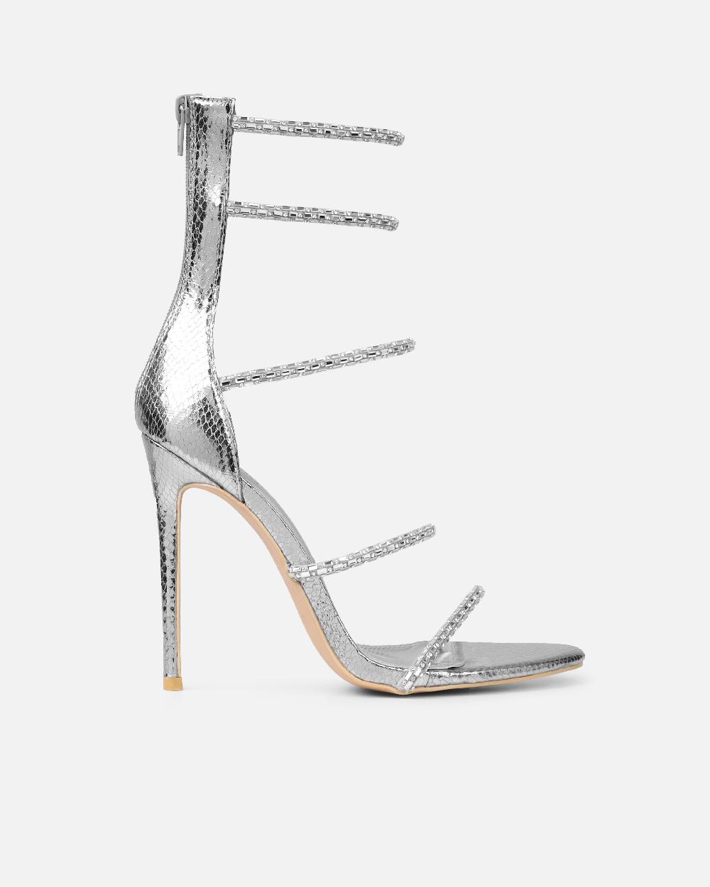 Simmi Silver Snake Effect Diamante Heeled Sandals