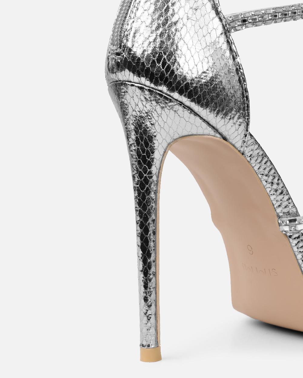 Simmi Silver Snake Effect Diamante Heeled Sandals