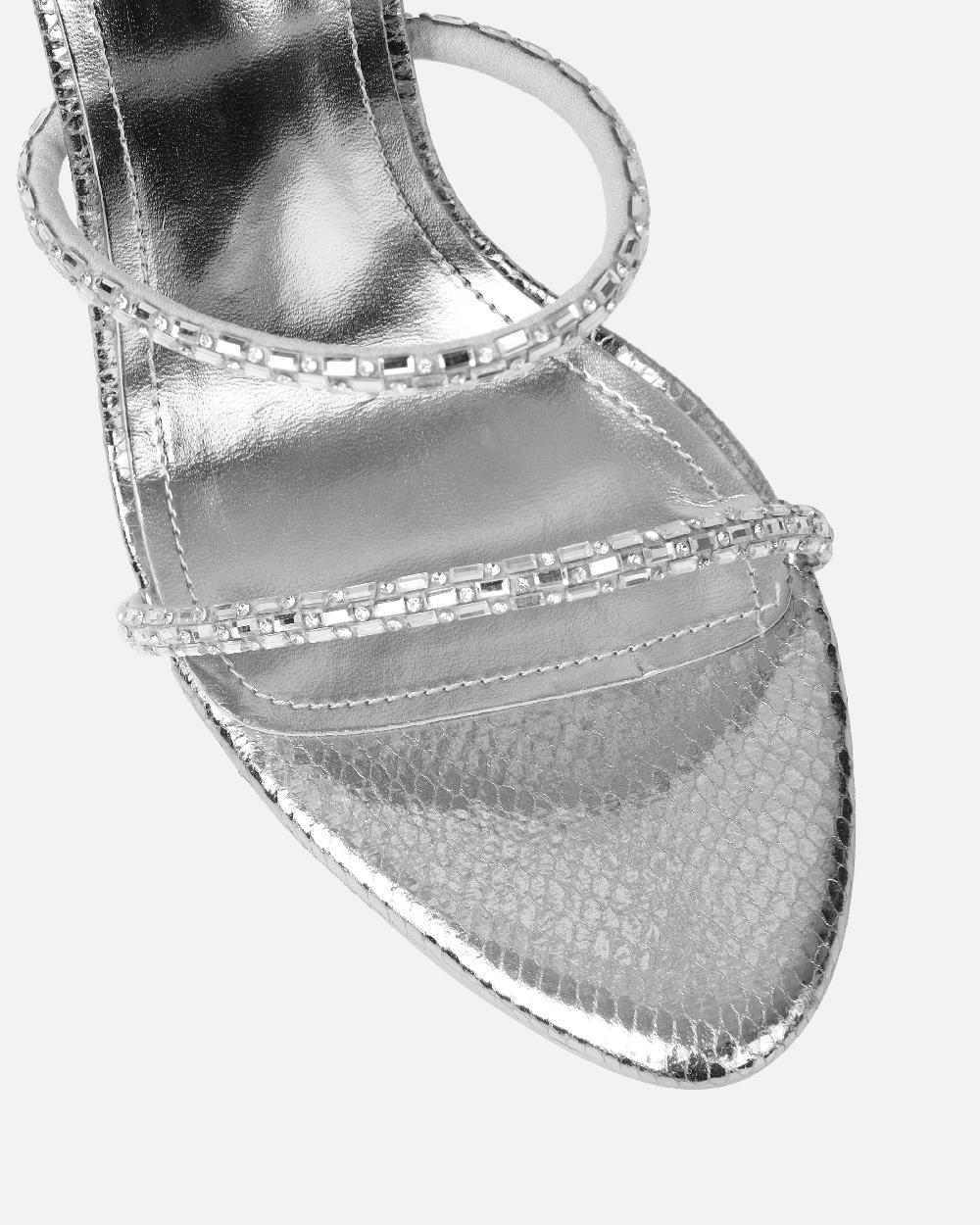 Simmi Silver Snake Effect Diamante Heeled Sandals