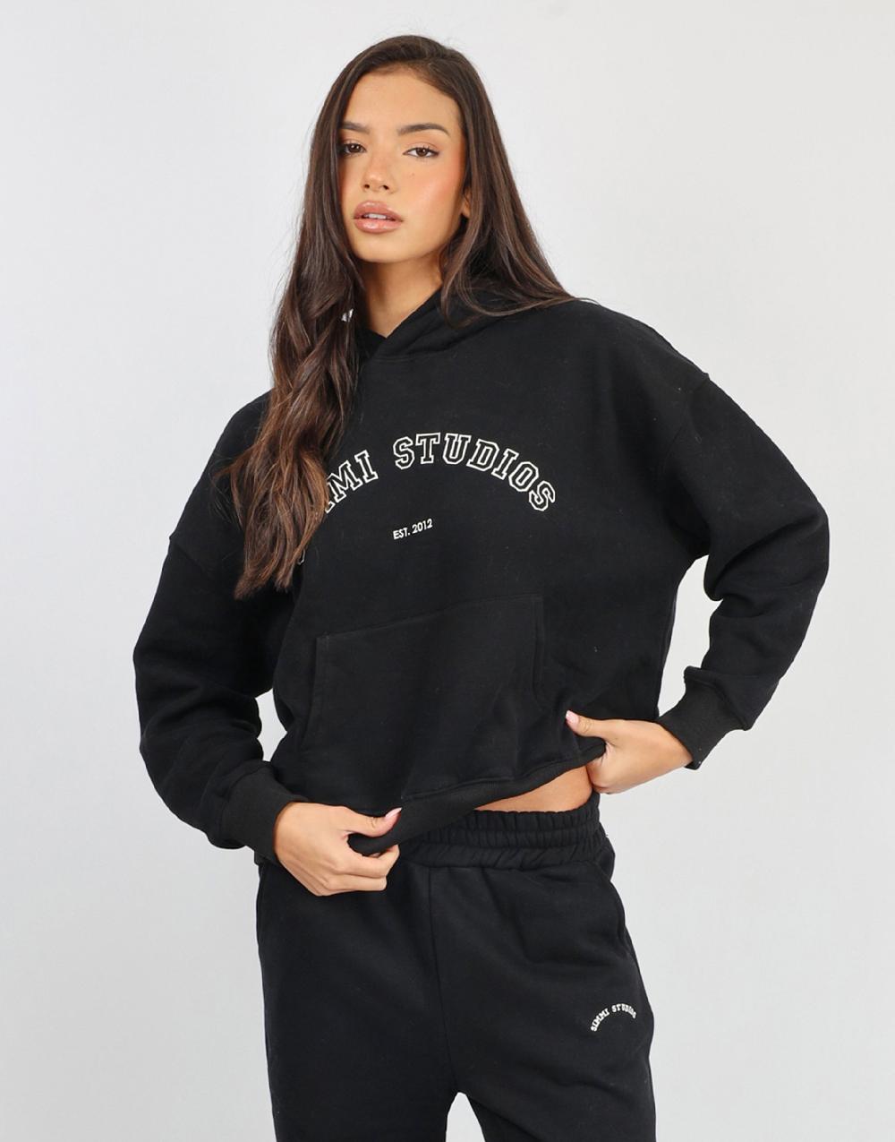 simmi Simmi Studios Varsity Slogan Hoodie in Black
