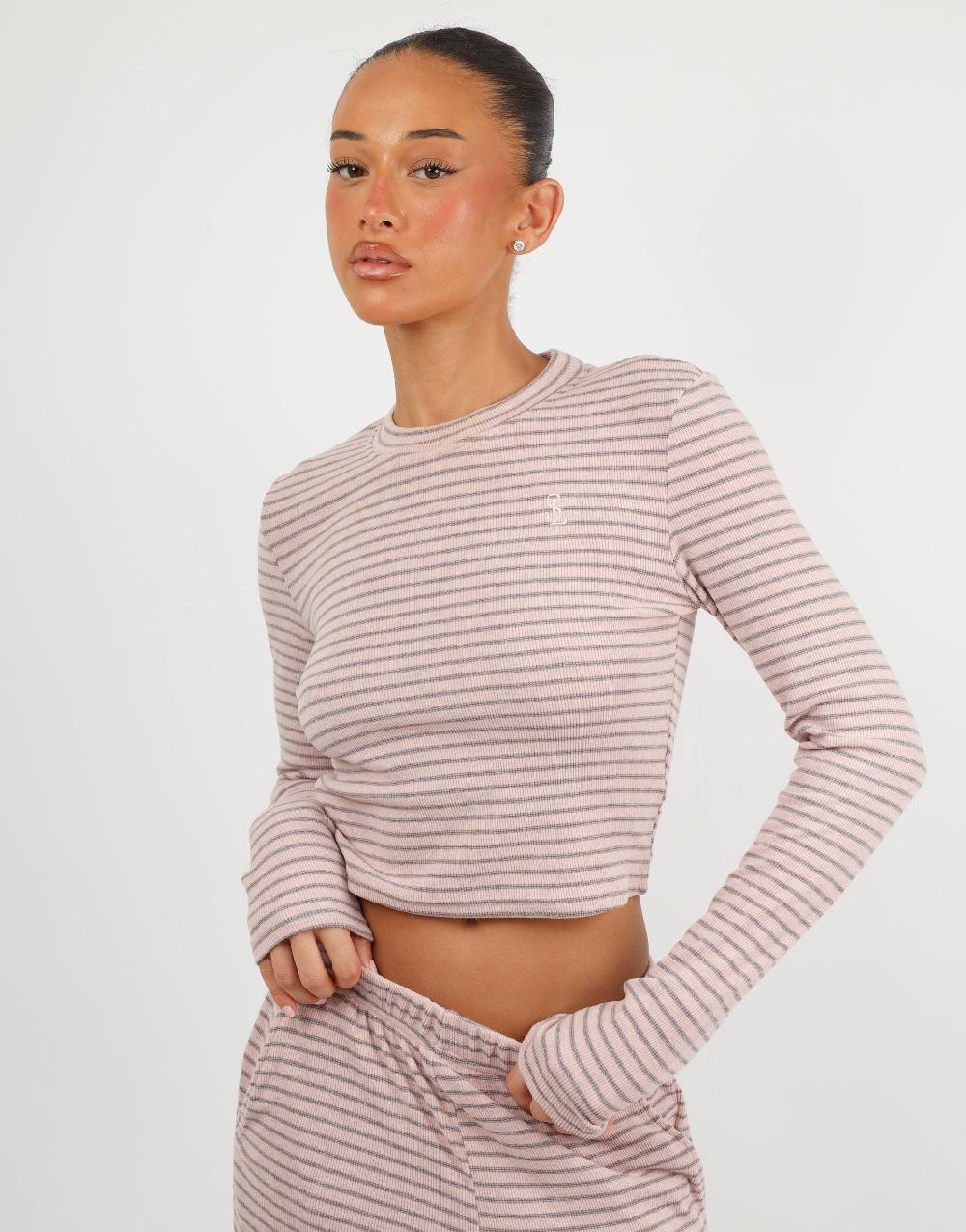 Simmi Simmi Studios Soft Stripe Fine Ribbed Long Sleeve Top In Pink