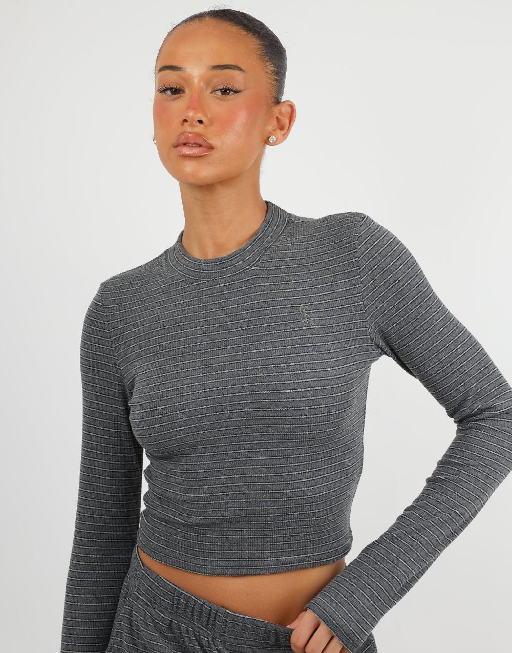 Simmi Simmi Studios Soft Stripe Fine Ribbed Long Sleeve Top In Dark Grey