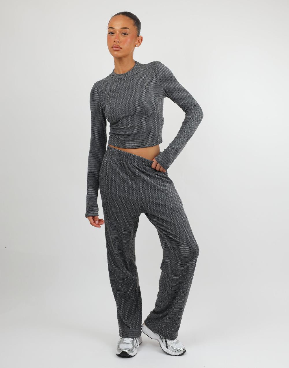 Simmi Simmi Studios Soft Stripe Fine Ribbed Long Sleeve Top In Dark Grey
