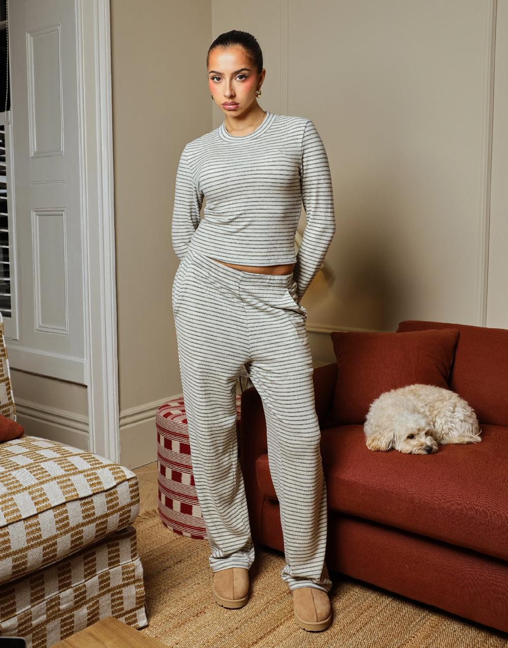 simmi Simmi Studios Soft Stripe Fine Ribbed Trouser In Cream