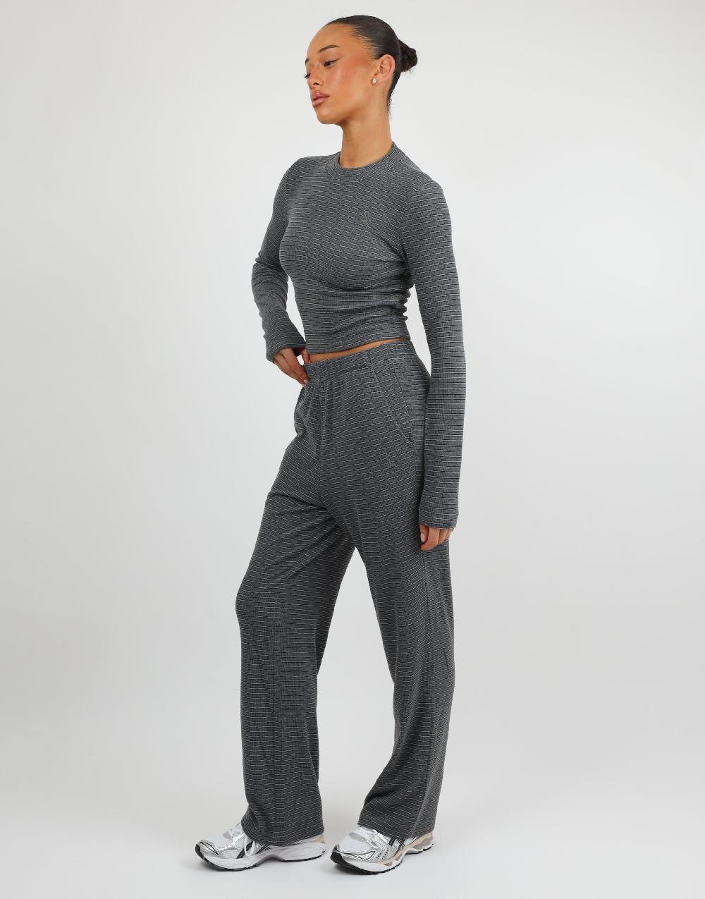 Simmi Simmi Studios Soft Stripe Fine Ribbed Trouser In Dark Grey