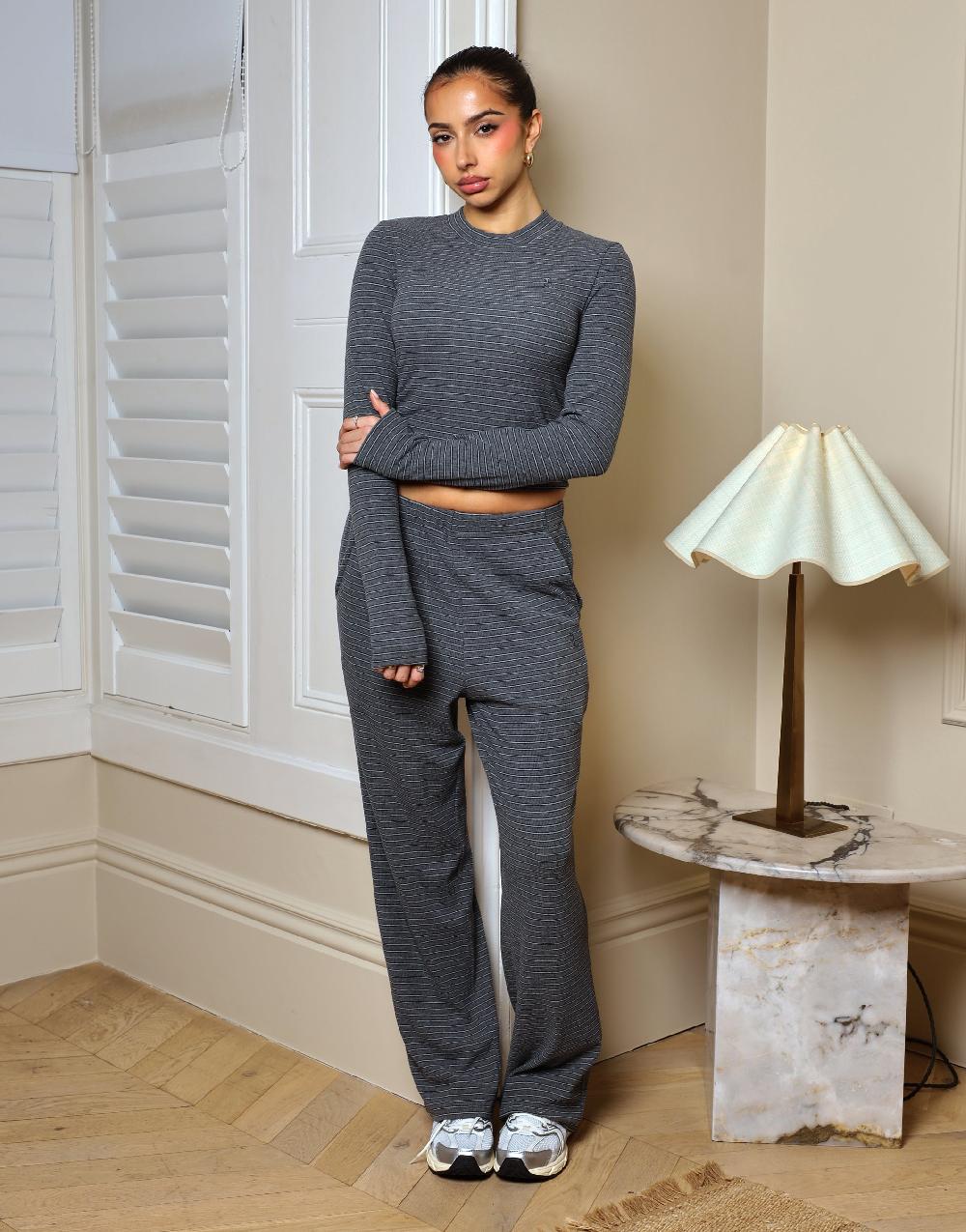 simmi Simmi Studios Soft Stripe Fine Ribbed Trouser In Dark Grey