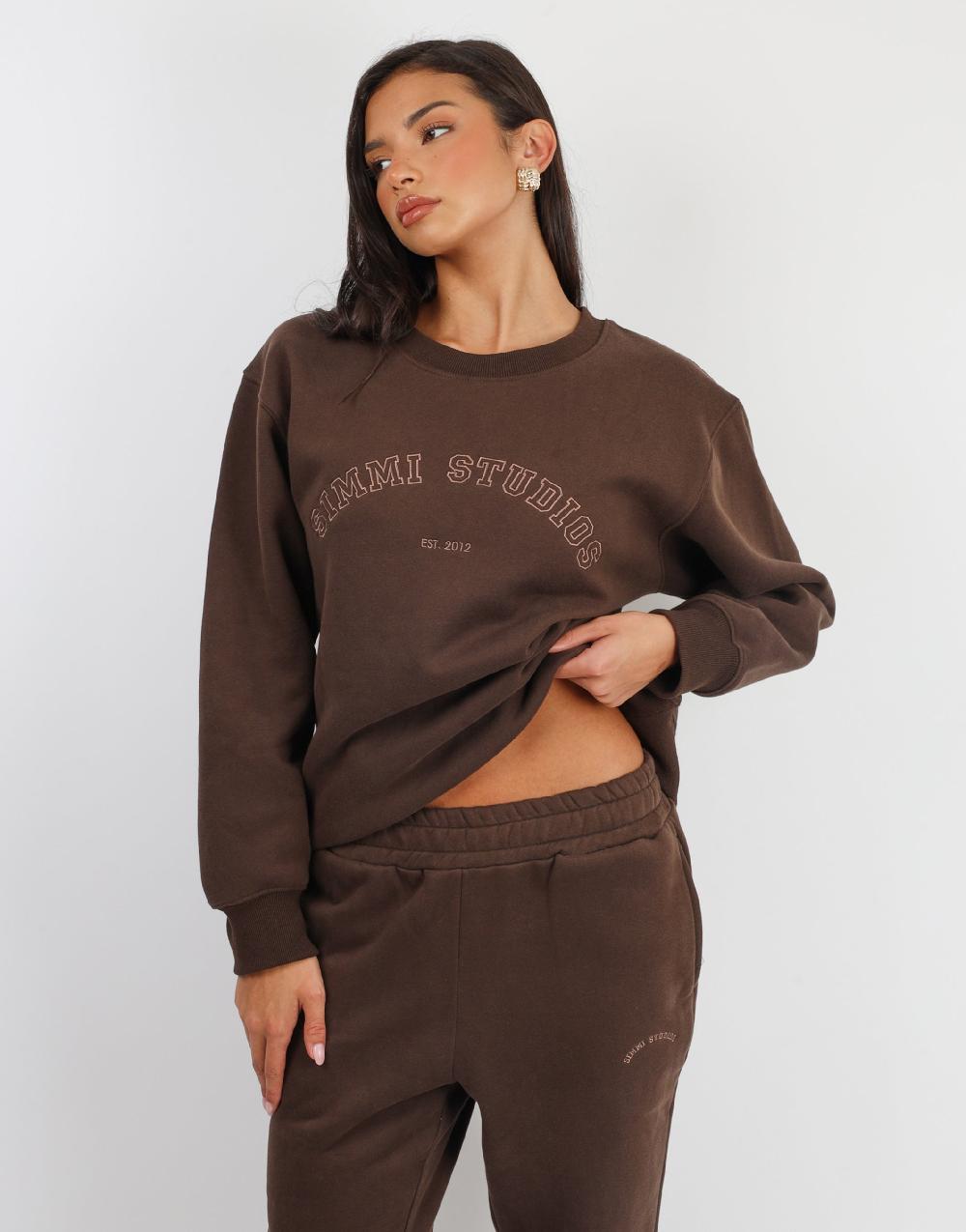 simmi Simmi Studios Varsity Slogan Sweatshirt in Brown