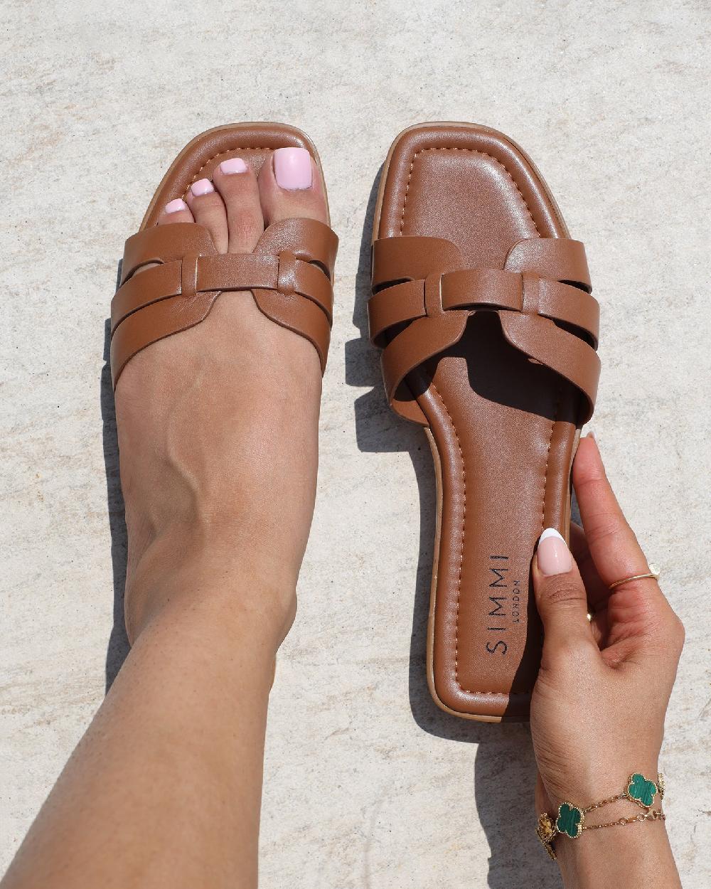 simmi Tan Slip On Flat Sandals