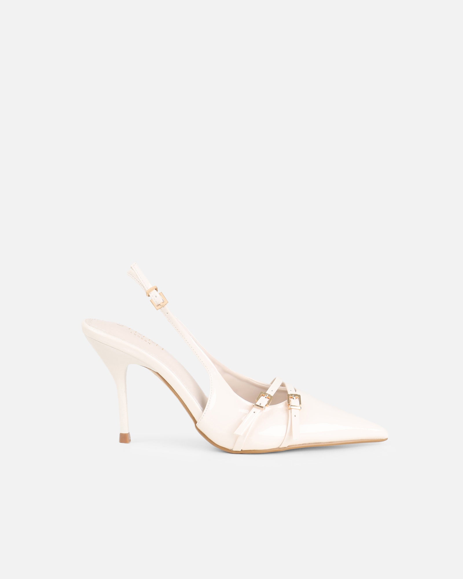 Simmi White Patent Buckle Detail Slingback Courts