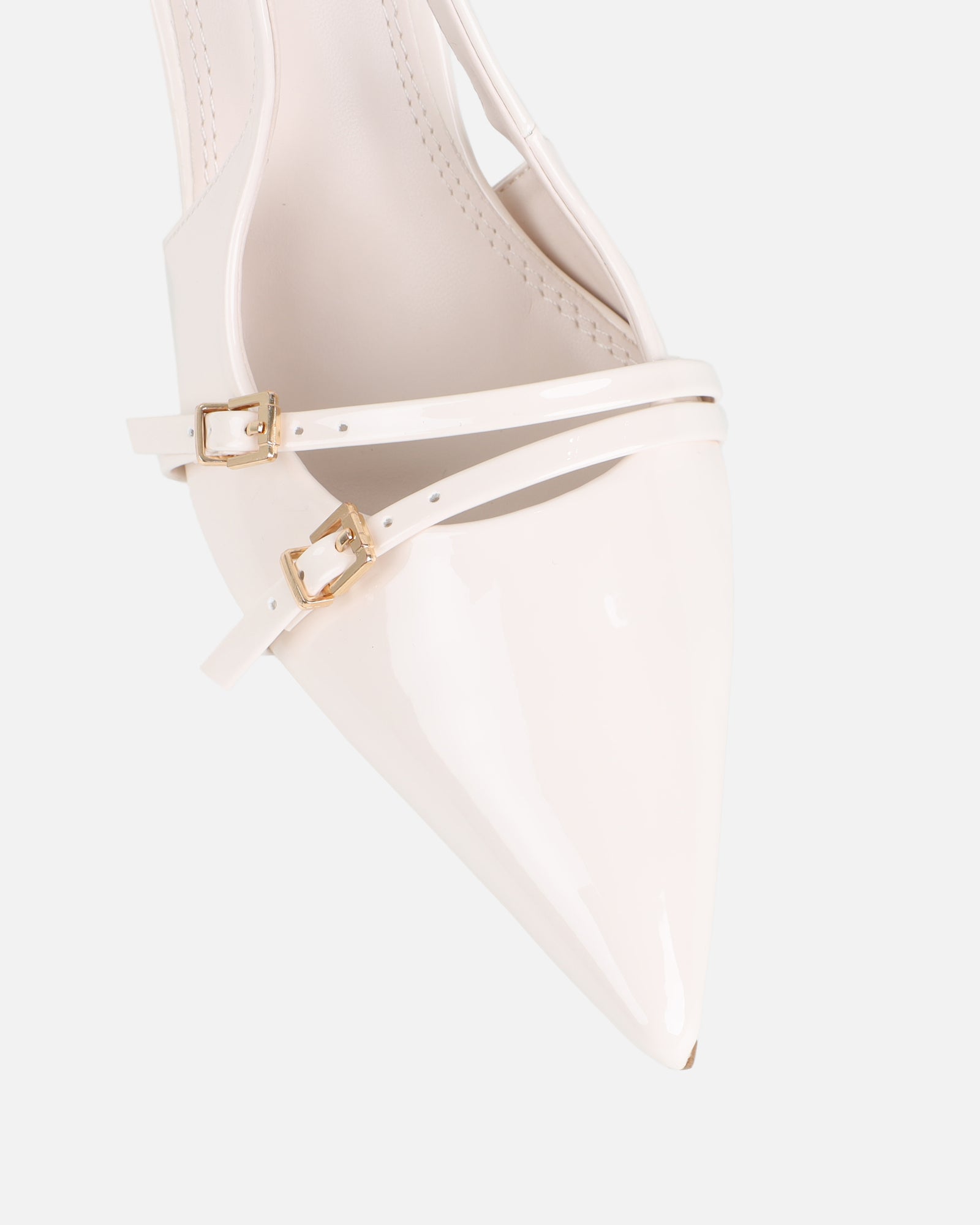 Simmi White Patent Buckle Detail Slingback Courts
