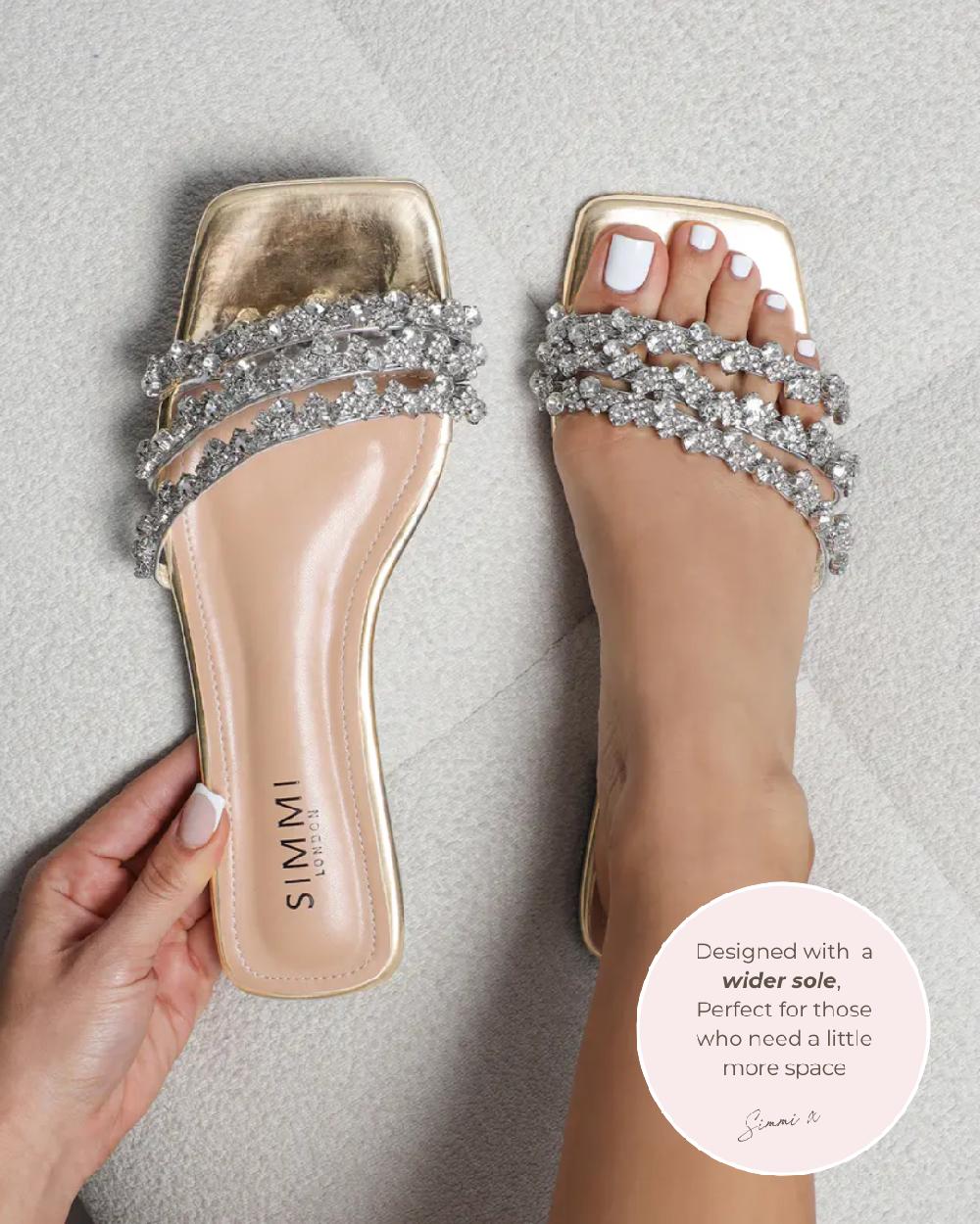 simmi Wide Fit Gold Mirror Diamante Flat Sandals