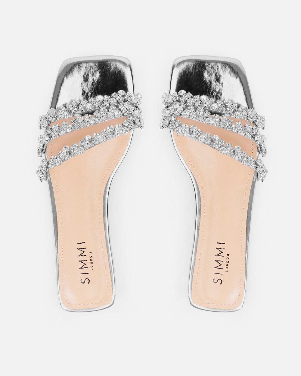 Simmi Wide Fit Silver Mirror Diamante Flat Sandals