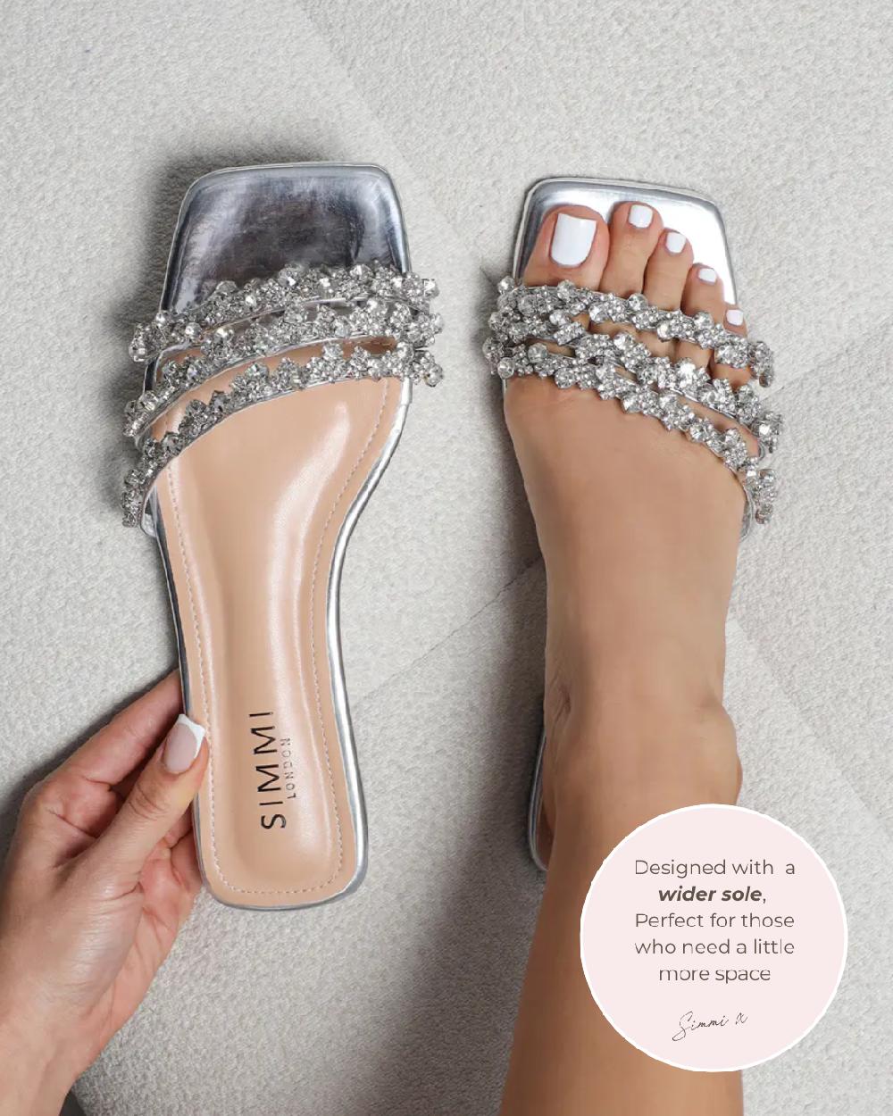 simmi Wide Fit Silver Mirror Diamante Flat Sandals