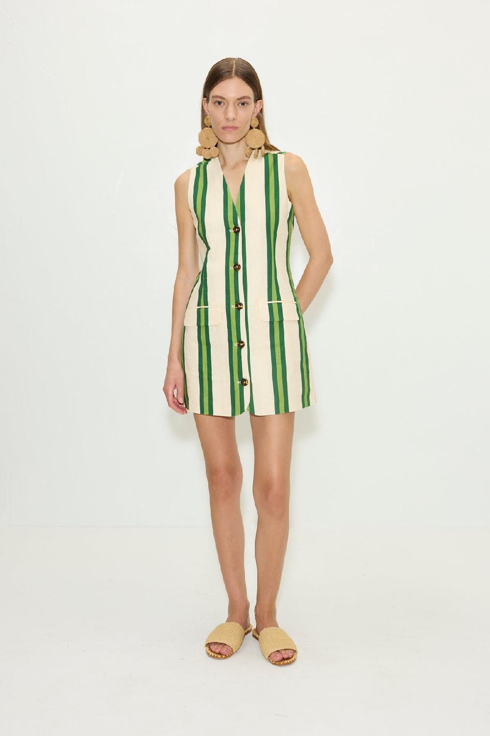 Simon Miller Carob Printed Linen Mini Dress CREAM/GREEN STRIPE