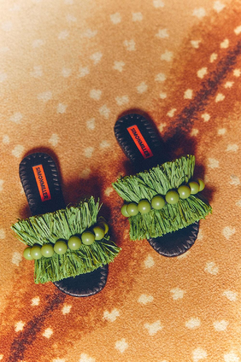 simon miller island fringe salerno sandal Moss Green/Black