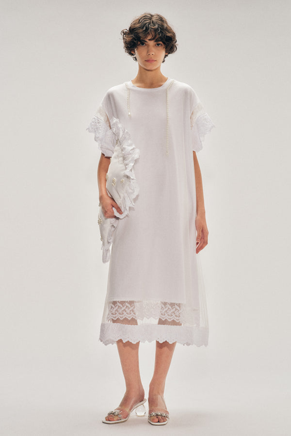 simone rocha Beaded Layered Liquid Lace Trim Smock Dress