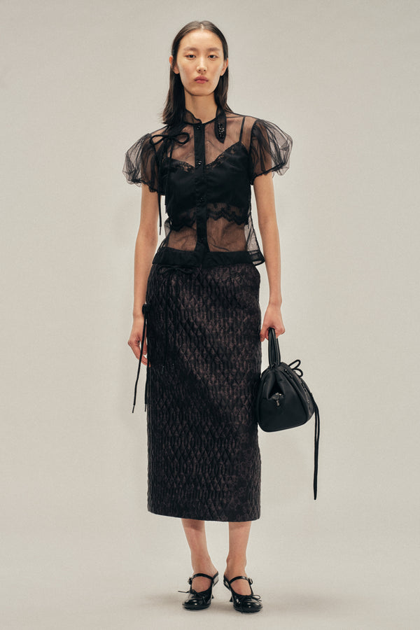 Simone Rocha Embellished Sheer Offset Fragment Collar Puff Sleeve Shirt