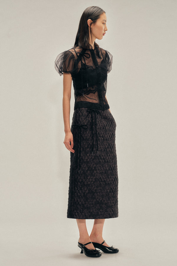 Simone Rocha Embellished Sheer Offset Fragment Collar Puff Sleeve Shirt