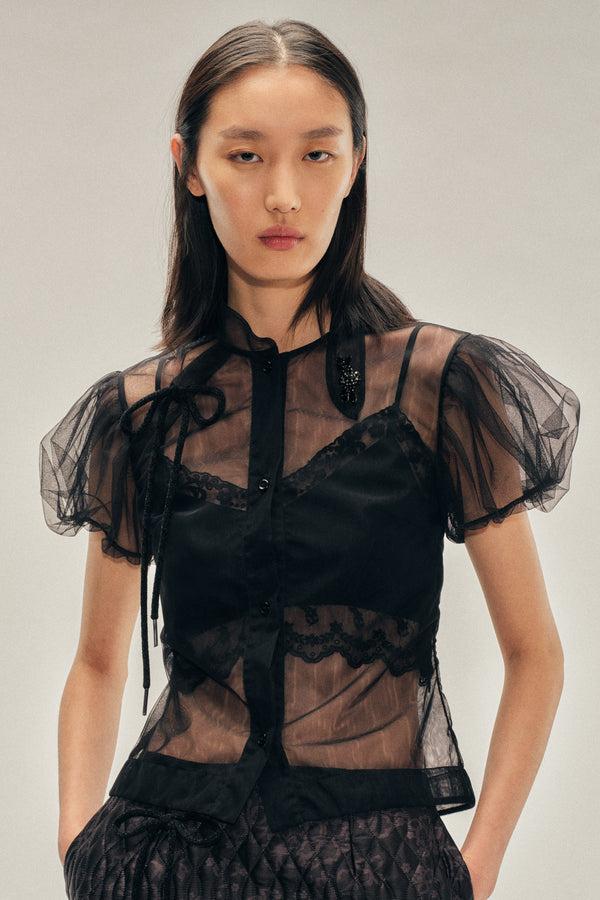 simone rocha Embellished Sheer Offset Fragment Collar Puff Sleeve Shirt
