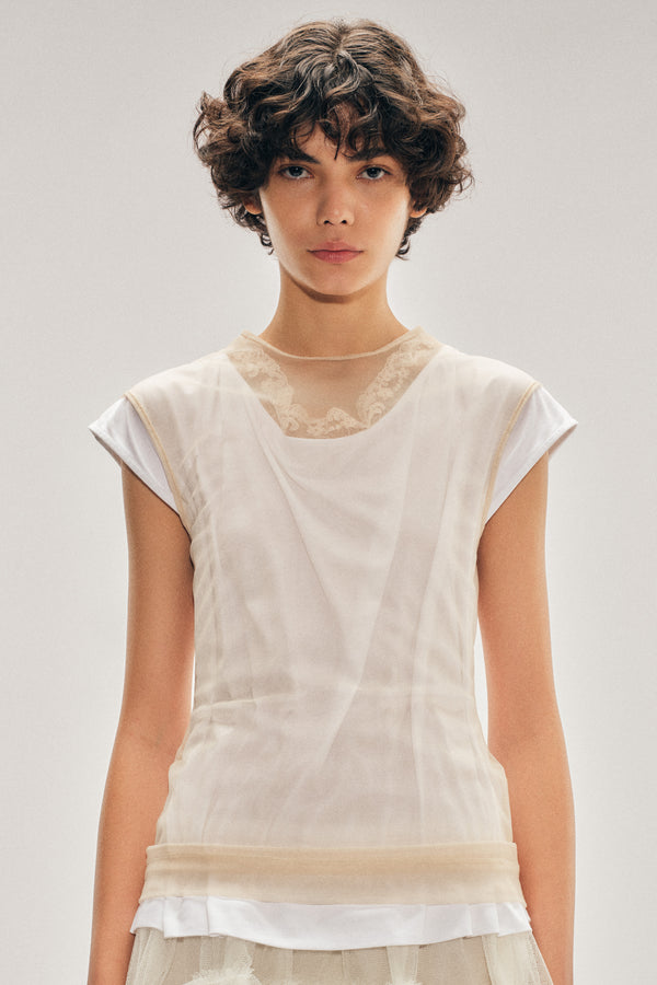 simone rocha Layered Liquid Cap Sleeve Lace Trim T-Shirt