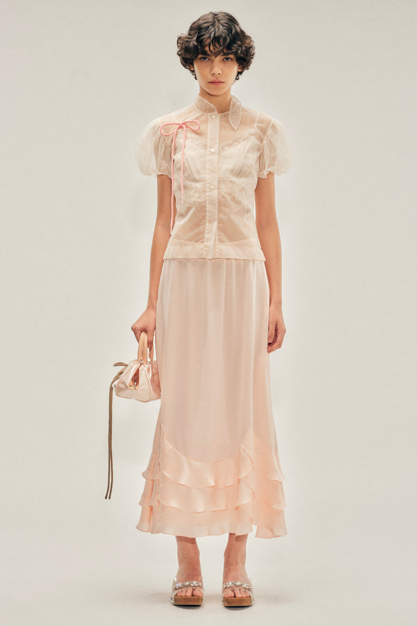 Simone Rocha Sheer Offset Fragment Collar Puff Sleeve Shirt