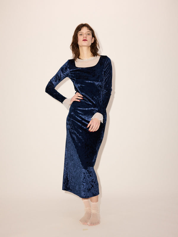 simone wild Crushed Velvet Long Dress Navy