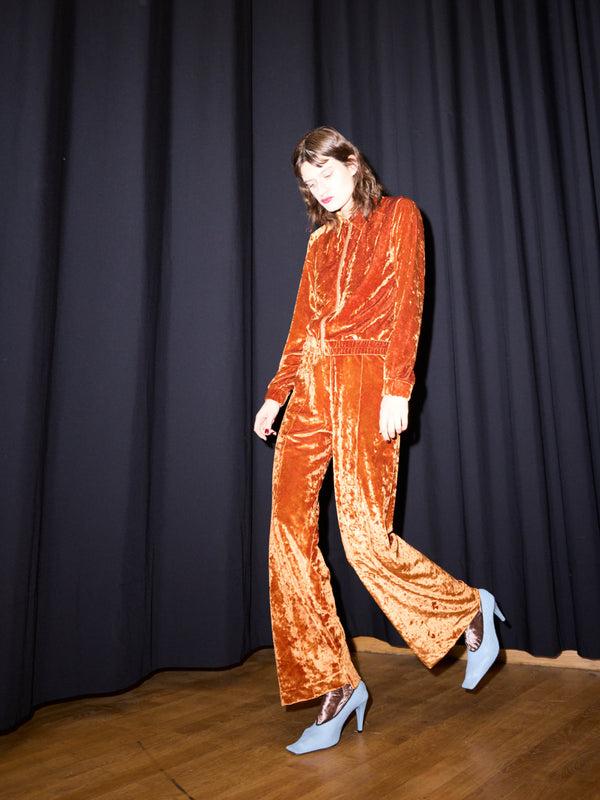 Simone Wild Crushed Velvet Top Stitched Pants Rust